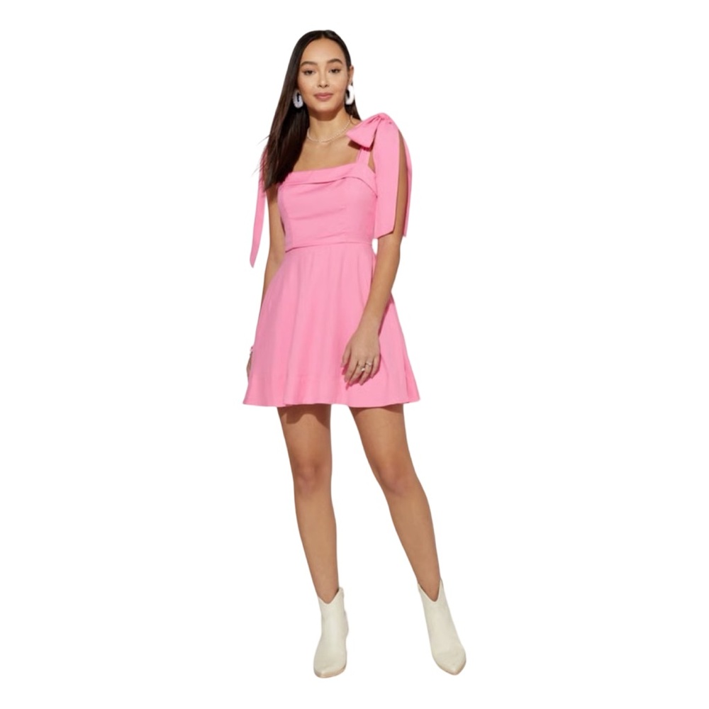NEW!!!  Francesca’s Mi Ami Pink Dress Oversized Bow TRie Straps Babydoll - Sz S